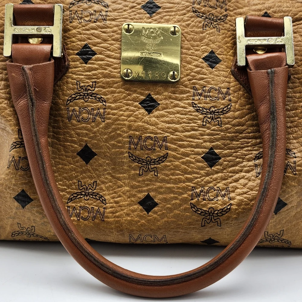 MCM Cognac Brown Monogram Satchel with Gold Hardware